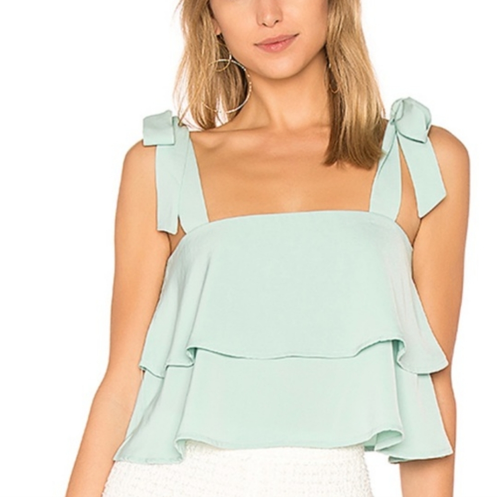 REVOLVE Superdown Helene Blue Green Teal Ruffle Tie Strap Crop Tank Large.
